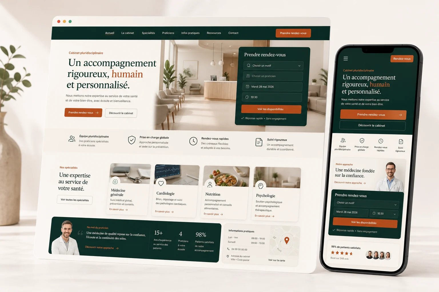 Exemple de site premium pour cabinet et services avec rendez-vous et documents utiles