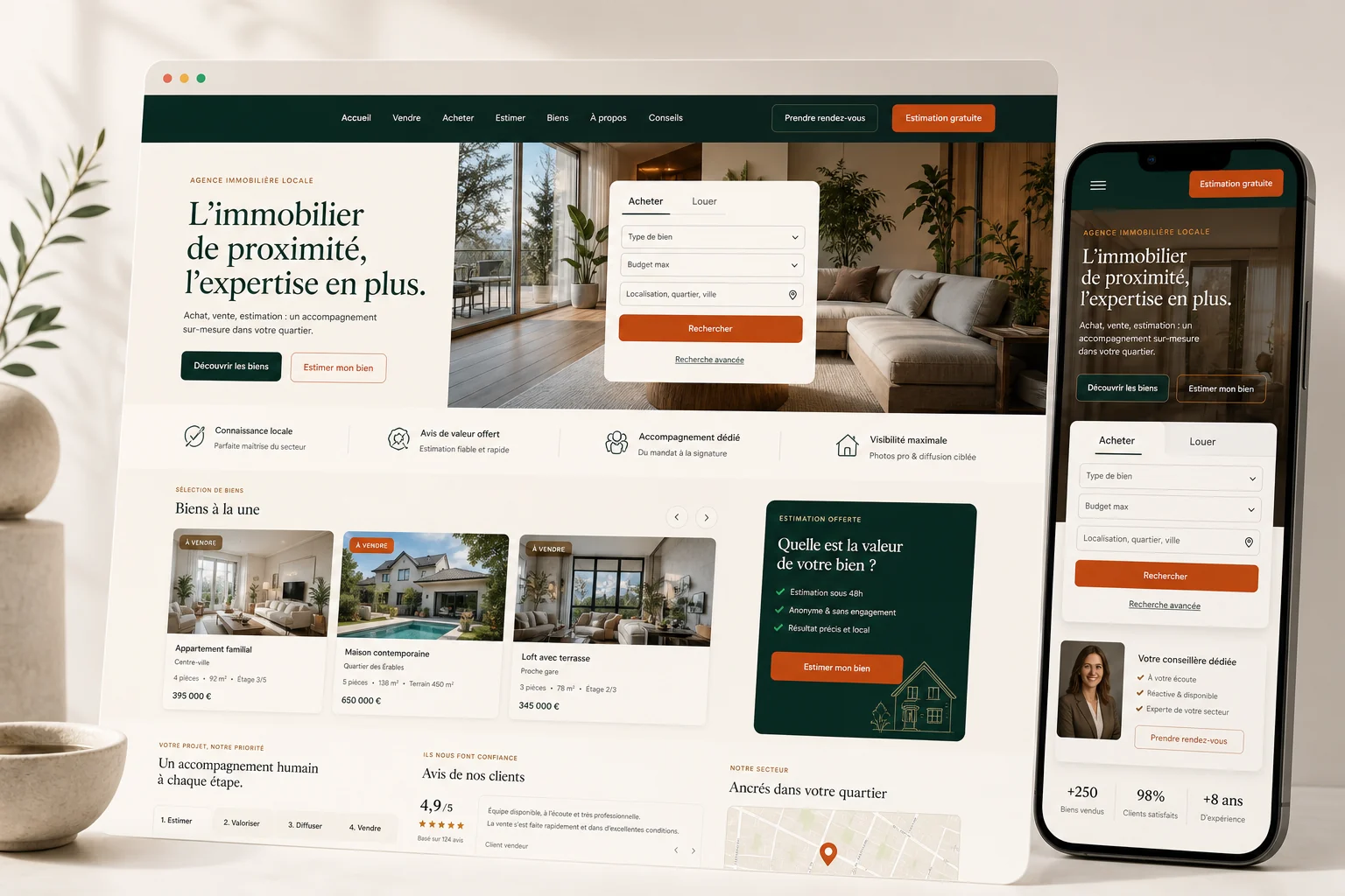 Démonstration de site immobilier premium avec recherche de biens et estimation gratuite