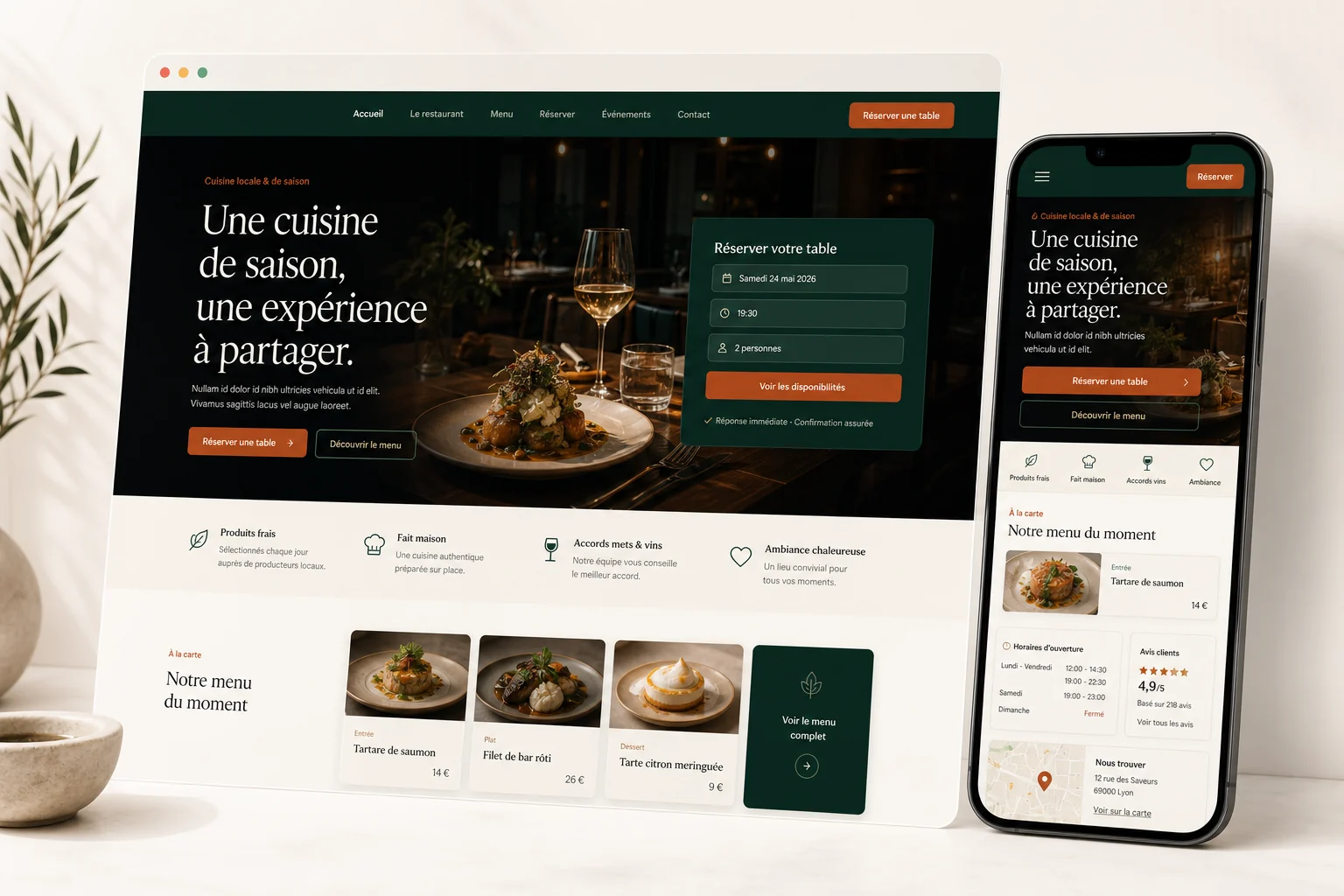 Démonstration de site restaurant premium avec réservation desktop et mobile